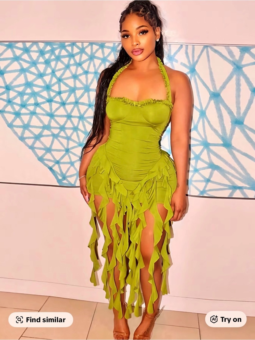 Green Halter Ruffle Fringe Dress